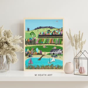 Dovestone Stausee Landschaftsbild, Landschaft Kunst, Wandbild, Fine Art, Oldham, Manchester, Map naive Kunst - signierter Druck
