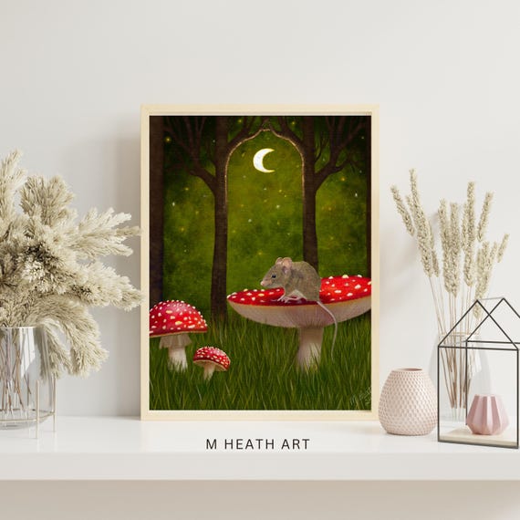 Moonlit mouse Print,crescent moon, mouse art, hand finished gold, fine art, mushroom painting, gift, dreamy, red mushies, magick forest art