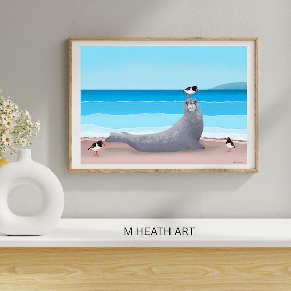 Seal & Oystercatcher Bempton Cliffs Coastal Wildlife Art Print | British Seaside Animal Illustration |Seabird Seal Wall Decor  | Yorkshire