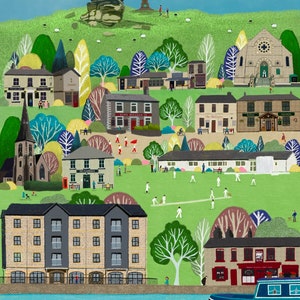 Grüne Wiese, Greenfield Landschaft, Kunst, Fine Art Print, Oldham, Manchester, Map naive Kunst - signierter Druck
