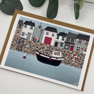 Op Cornwall geïnspireerde kaart | verjaardagskaart | kustkaart | verjaardag | kaart voor hem of haar | schattig | Cornwall | zeemeeuw | vissersdorp