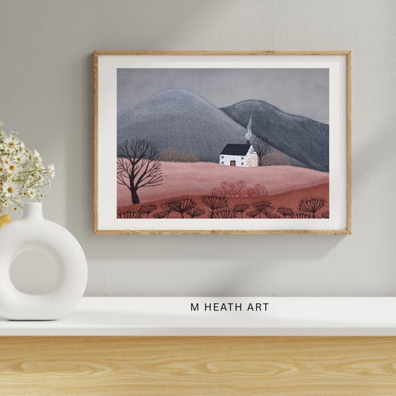 Cosy Cottage  - Naive art, cottage, night landscape, illustration ,home decor, wall art, print,folk art, calming art - cottagecore muted