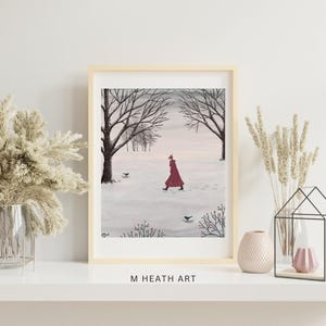 Gemütliche Winter Szene: Signierter Kunstdruck einer verschneiten Amsel Spaziergang als Wand Dekoration