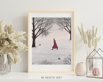 Signierter Winter Walk Kunstdruck: Verschneite Amsel Szene - A Crisp Walk Home