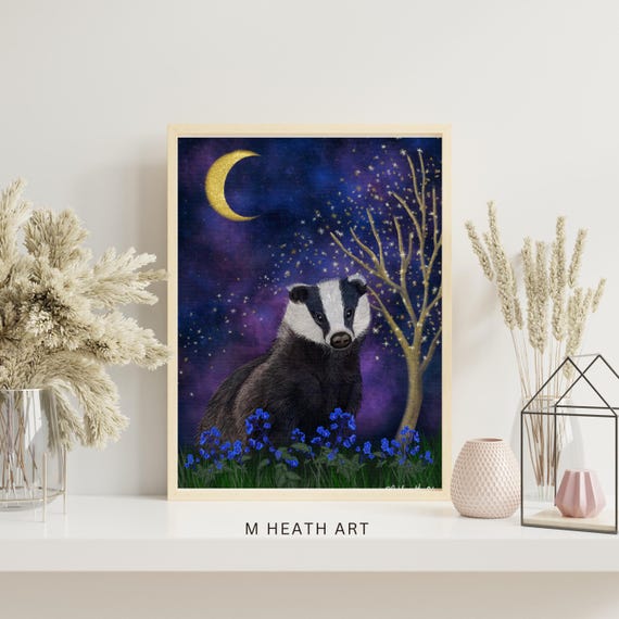 Forget Me Not Moon Print,crescent moon, badger art, hand finished with gold, stars,fine art, badger painting,badger gift, dreamy, celestial