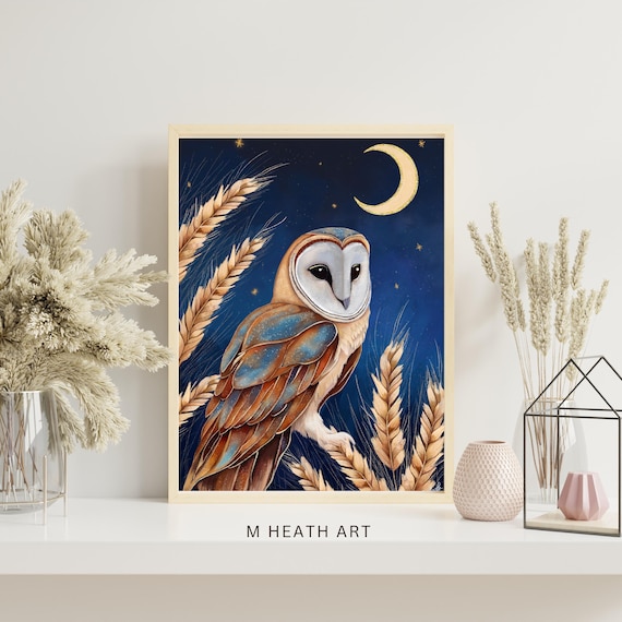 Watching over the wheat Print,crescent moon,  barn owl art, hand finished gold, stars,fine art, owl painting, owl gift, dreamy, celestial