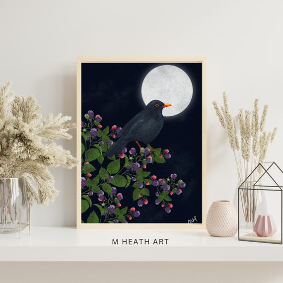 Blackbird - Naive art, moon ,blackberries, night landscape, illustration ,home decor, wall art, print, folk art, calming art -  signed print
