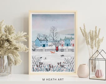 The stand off ,fox , badger, Robin, rabbit, sheep, winter, home decor, wall art, print, snow scene nature animals , gift cottagecore