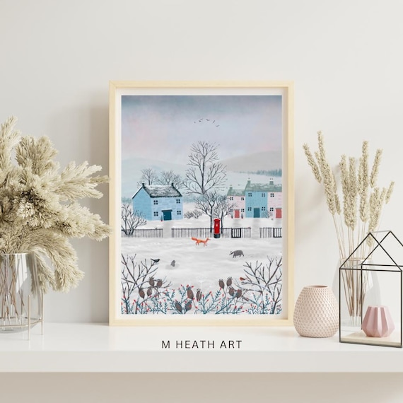 The stand off ,fox , badger, Robin, rabbit, sheep, winter, home decor, wall art, print, snow scene nature animals , gift cottagecore