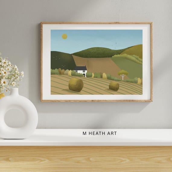 Golden Harvest – Countryside Art Print | Warm Landscape Illustration | Rustic Wall Art by MHeathArt | Calming Decor
