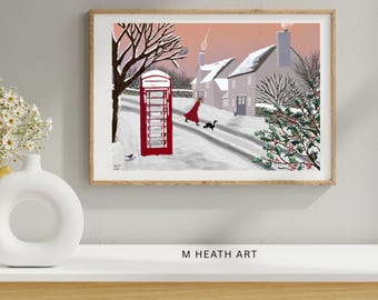 Hund geht Schnee, Amsel, Winter Kunst Druck, Home Dekor, Weihnachten Schnee Szene, signiert vom Künstler, Cottage, Border Collie, Geschenk für Freund