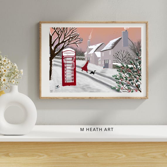 Dog walking snow, blackbird, winter art print, home decor, christmas snow scene, signed by artist, cottage, border collie, gift for friend,