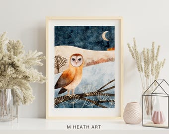 フクロウとキツネのプリント、風景画、オリジナルアート、冬のアート