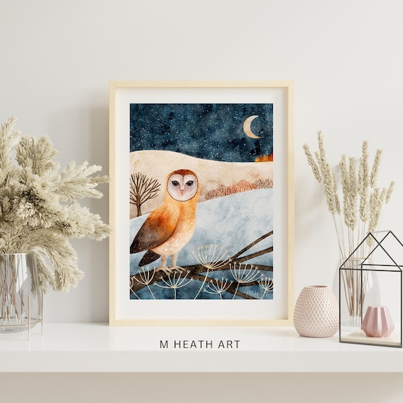 Barn owl in snow ,snow scene, fine art giclee print, owl watercolour landscape ,bird lovers gift, dreamy, winter art