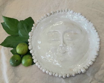 handmade sun face platter plate large white rustic beautiful bowl unique