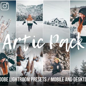 May include: A set of Adobe Lightroom presets called "Artic Pack" for mobile and desktop use. The presets are designed to enhance photos with a wintery, snowy, and cool colour palette. The image shows a variety of snowy landscapes and people wearing winter clothing.