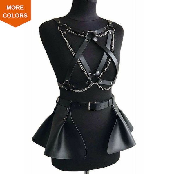 Mini peplum waist belt skirt and chain open corset top faux leather harness, Luxury handmade women rave festival outfit for pole dance