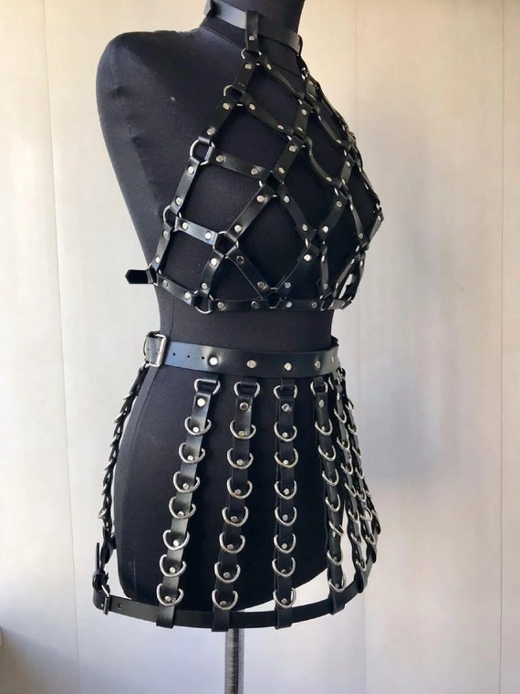 Fashion Leather Harness Dress for Luxury Sexy Punk Festivals and Party,  Leather Dance Set Top Fetish Backless & Skirt, Custom Bdsm Dress 