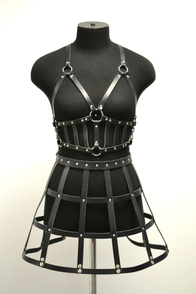 Luxury Caged Leather Harness Fetish Dress for Sexy Women,two Skirt