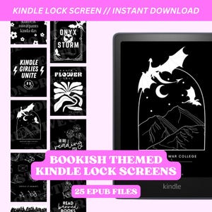 Op de afbeelding: Een digitale illustratie van 25 Kindle-vergrendelschermen met boekthema's. De schermen tonen zwart-wit illustraties van draken, bloemen en andere ontwerpen. De tekst "BOOKISH THEMED KINDLE LOCK SCREENS" wordt weergegeven in roze letters. De tekst "25 EPUB FILES" wordt weergegeven in witte letters. De tekst "kindle" wordt weergegeven in witte letters.