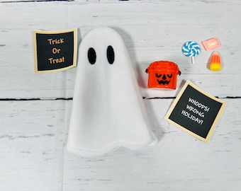 READY TO SHIP** Elf Doll Halloween Costume Set: Ghost Outfit, Candy Bucket, Signs