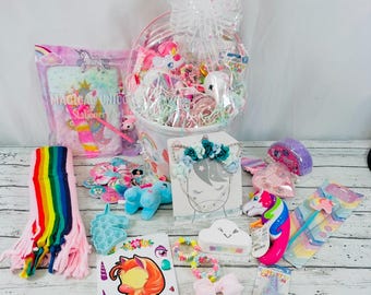 Prefilled Unicorn Gift Basket: Rainbow Scarf, Jewelry, Stationery Set