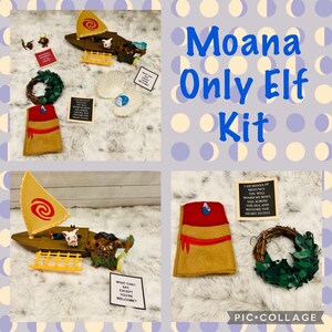 May include: A Moana themed elf kit with a small wooden boat, a pig figurine, a wreath, a fabric sash, and several cards with quotes from the movie. The kit is perfect for creating a Moana themed elf on the shelf display.