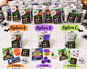 May include: A collection of Halloween-themed party favor bags labeled Option A, Option B, and Option C. Each clear plastic bag contains assorted items like mini puzzles, slime, play-doh, plush keychains, fidget spinners, and activity books.