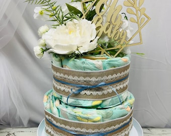 2 Tier Diaper Cake Centerpiece: Honest Diapers, Burlap & Lace