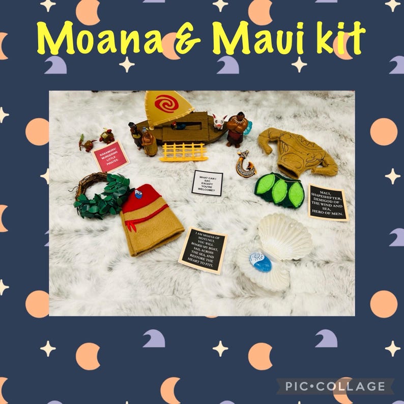 May include: A Moana and Maui themed craft kit with a variety of items, including a small wooden boat, a green wreath, a brown felt vest, a green felt skirt, a blue seashell, a blue gem, and several cards with text. The text on the cards includes "Maui demigod, demigod of the wind and sea, hero of men", "What can I do for you?", and "I am Moana of Motunui. You will sail across the vast sea and restore the heart to Te Fiti."