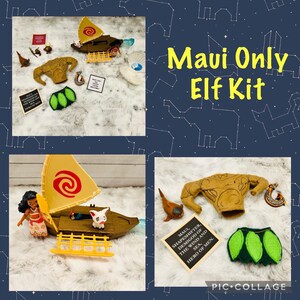 May include: A craft kit for a Maui Elf, featuring a brown felt tunic with a Polynesian design, a green felt skirt, a small white pig figurine, a brown felt boat with a red and white sail, a brown felt fish, and a brown felt hook. The kit also includes a card with the text "Maui, Shapeshifter, Demigod of the Wind and Sea, Hero of Men."