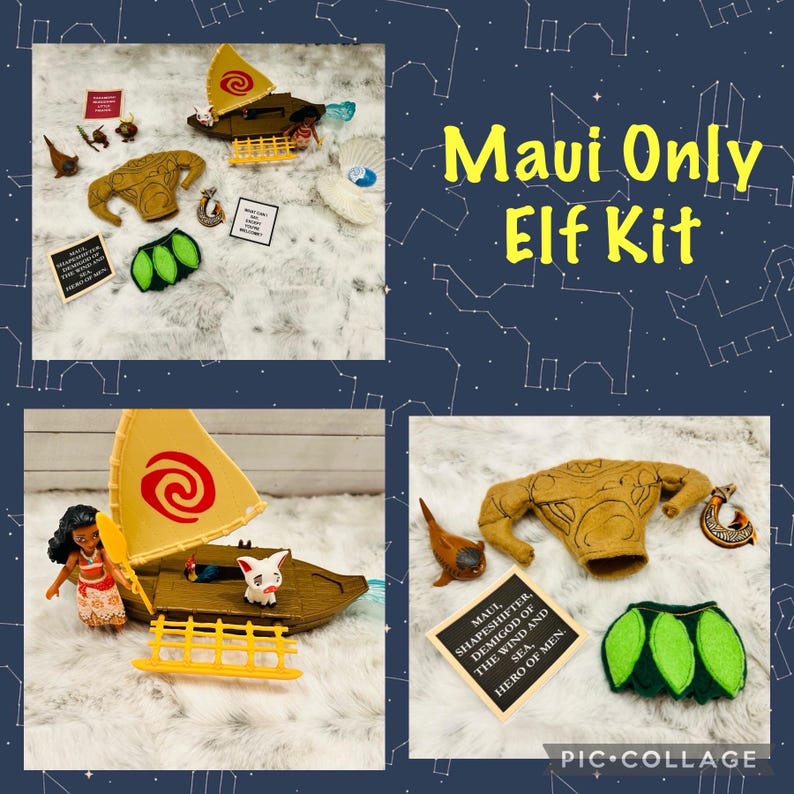May include: A craft kit for a Maui Elf, featuring a brown felt tunic with a Polynesian design, a green felt skirt, a small white pig figurine, a brown felt boat with a red and white sail, a brown felt fish, and a brown felt hook. The kit also includes a card with the text "Maui, Shapeshifter, Demigod of the Wind and Sea, Hero of Men."
