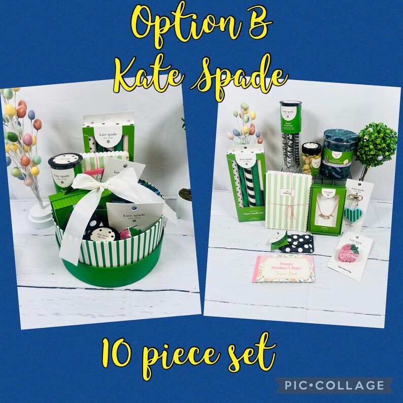 K&ouml;nnte beinhalten: Ein 10-teiliges Geschenkset in einer gr&uuml;n-wei&szlig; gestreiften Schachtel mit einem wei&szlig;en Band. Das Set enth&auml;lt eine gr&uuml;n-wei&szlig; gestreifte Schachtel, eine gr&uuml;n-wei&szlig; gestreifte Tasse, einen gr&uuml;n-wei&szlig; gestreiften Strohhalm, eine gr&uuml;n-wei&szlig; gestreifte Serviette, eine gr&uuml;n-wei&szlig; gestreifte Karte, eine gr&uuml;n-wei&szlig; gestreifte Halskette, ein gr&uuml;n-wei&szlig; gestreiftes Armband, einen gr&uuml;n-wei&szlig; gestreiften Ring, einen gr&uuml;n-wei&szlig; gestreiften Schl&uuml;sselanh&auml;nger und eine gr&uuml;n-wei&szlig; gestreifte Tasche. Das Set ist mit "Option B Kate Spade 10-teiliges Set" gekennzeichnet.