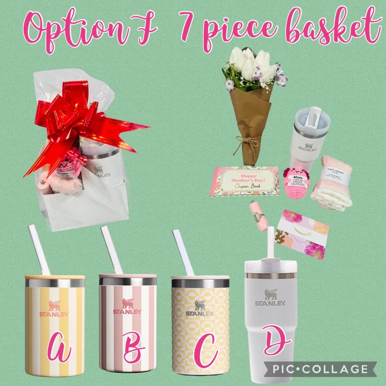 K&ouml;nnte beinhalten: Ein 7-teiliger Geschenkkorb mit einem Strau&szlig; wei&szlig;er Tulpen, einer rosa-wei&szlig;en Geschenktasche, einer rosa-wei&szlig;en Geschenkbox, einem rosa-wei&szlig;en Geschenkanh&auml;nger, einer rosa-wei&szlig;en Geschenktasche, einer rosa-wei&szlig;en Geschenktasche und einer rosa-wei&szlig;en Geschenktasche. Der Geschenkkorb ist mit "Option F 7-teiliger Korb" beschriftet.