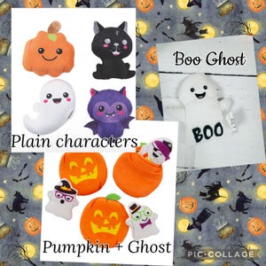 Puede incluir: Un collage de peluches con tem&aacute;tica de Halloween. Incluye una calabaza naranja, un gato negro, un fantasma blanco y un murci&eacute;lago morado. Tambi&eacute;n se muestran calabazas con personajes fantasma y un fantasma con la palabra "BOO".