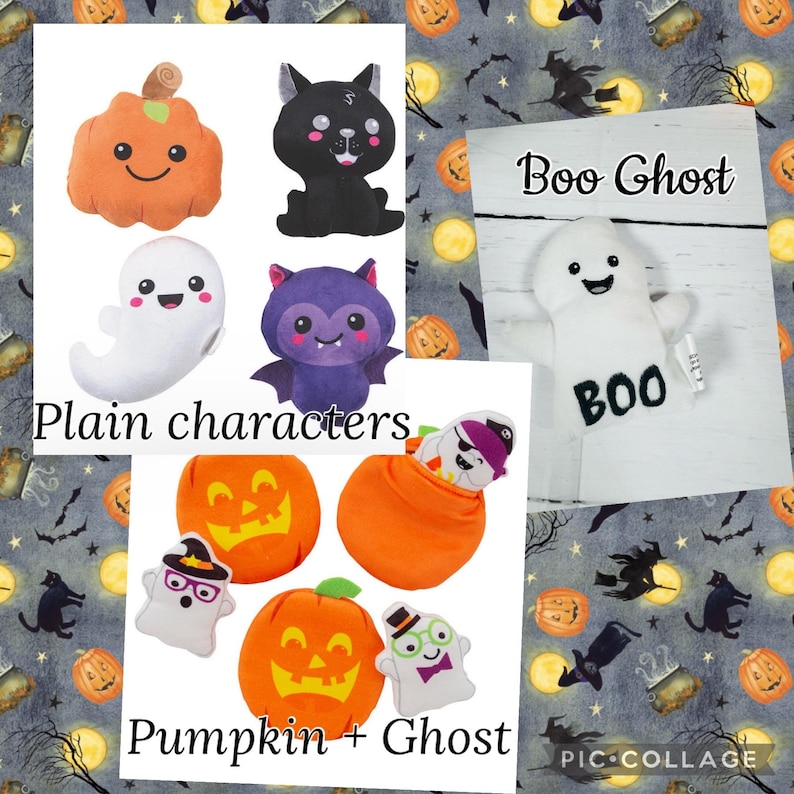 Puede incluir: Un collage de peluches con tem&aacute;tica de Halloween. Incluye una calabaza naranja, un gato negro, un fantasma blanco y un murci&eacute;lago morado. Tambi&eacute;n se muestran calabazas con personajes fantasma y un fantasma con la palabra "BOO".