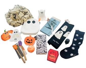 READY TO SHIP** Halloween Gift Basket: Spooky Cauldron with Ghost Lamp & Bat Scarf