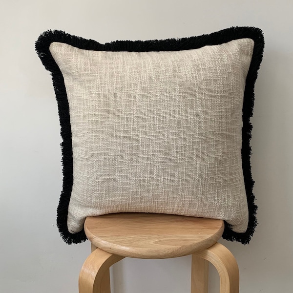 Minimalistic fringe Cushion Cover, Beige and black cushions, black fringed cushions, Farmhouse cushions, Black Scatter cushion