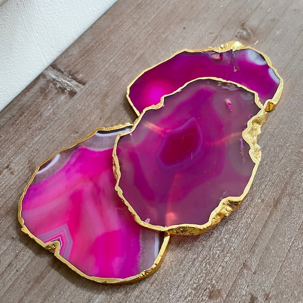 Pink Agate Stone Crystal Coasters, Stone Coasters in the UK, Pink Coasters with Gold Edge, Marble Style Coasters
