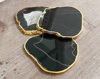 Sous-verres en pierre d'agate noire avec bord doré, sous-verres en cristal naturel véritable, ensemble de 4 sous-verres, sous-verres noirs