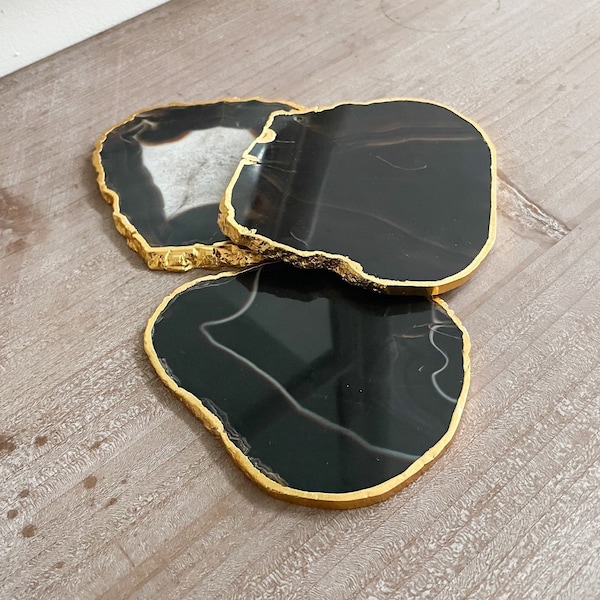 Black Agate Stone Coasters with gold edge, Genuine natural Crystal coasters, Set of 4 coasters, black coasters