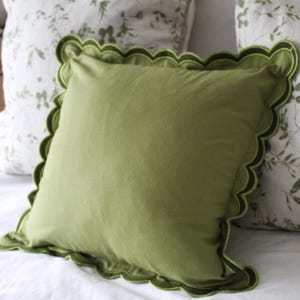 Green Scalloped Edge Cotton Cushion with feather insert: wavy edge pillow (45x45cm)