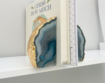 Agate Stone Bookends or Agate Stone Ornament, Green with Gold Agate Stone Bookends, Crystal Bookends in the UK, Agate Stone Slice