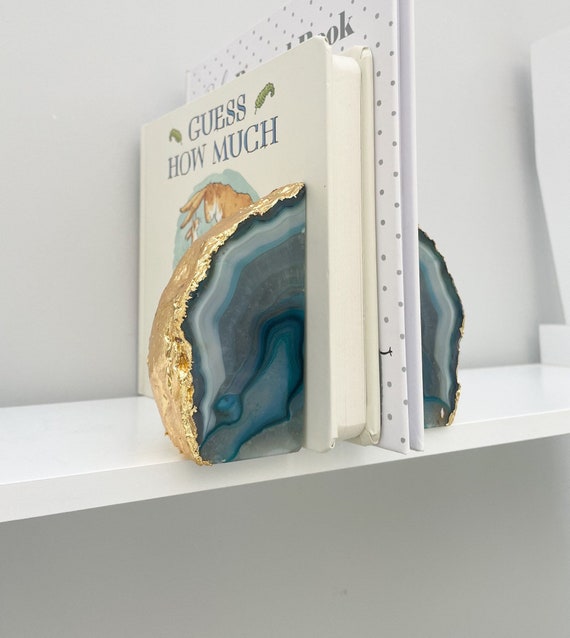 Agate Stone Bookends or Agate Stone Ornament Green With Gold