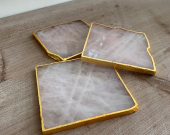 Pink Agate Stone Crystal Coasters, Stone Coasters in the UK, Pink Coasters with Gold Edge, Quartz Coasters, Agate stone coasters