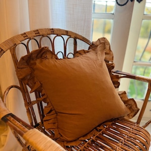 Terracotta Ruffle linen Cushion with duck feather insert 45x45cm, Brown Frilly soft linen Pillow, Rust frill throw pillow cover