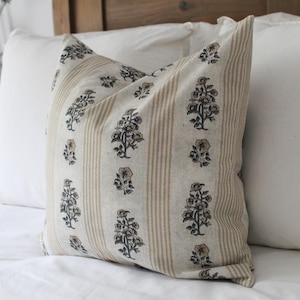Floral print cotton cushion with duck feather insert, Neutral leaf farmhouse cushion, Country cushion 45 x 45cm, Grey stripe throw pillow