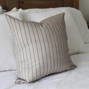 Neutral striped cotton cushion with feather insert: Tickling linen beige Throw pillow 45x45cm