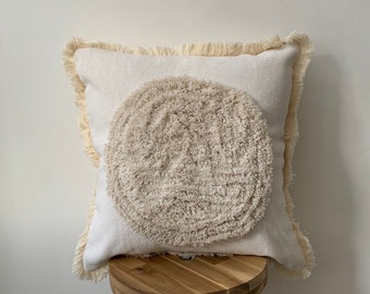 Farmhouse Cushion Cover, Beige tufted Woven cotton cushion, white fringed cushion, White and beige cushions, minimalistic cushions
