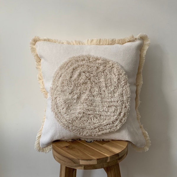 Farmhouse Cushion Cover, Beige tufted Woven cotton cushion, white fringed cushion, White and beige cushions, minimalistic cushions